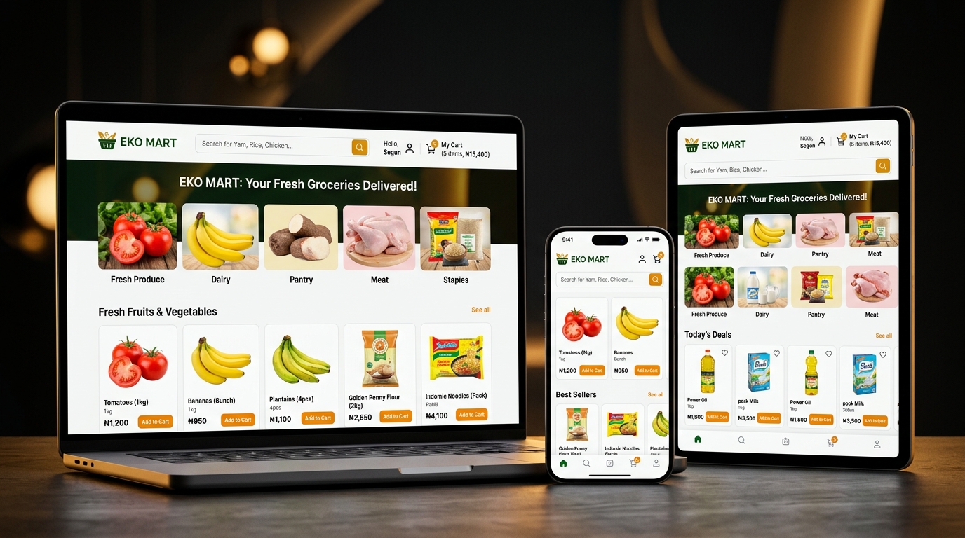 Actual Supermarket E-Commerce Website Mockup on Laptop, Phone, and Tablet